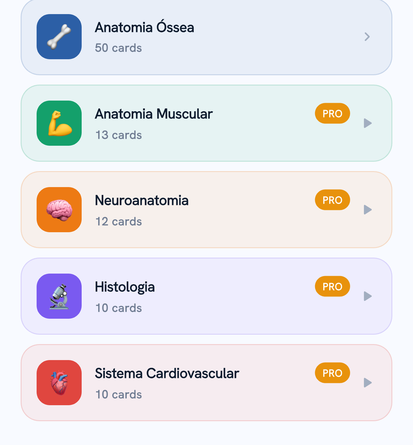 Lista de matérias no AnatomIA